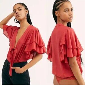 Free People Red-Orange Ruffle Sleeve Front Tie Call Me Later Bodysuit - Size XS